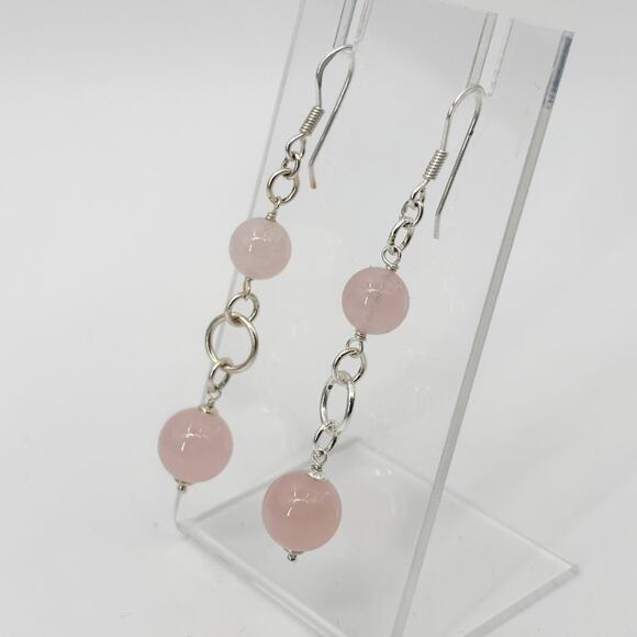 Sterling Silver Dangle Earrings Pink Beads 2.5" Long Drop Hook Lightweight - Picture 2 of 5